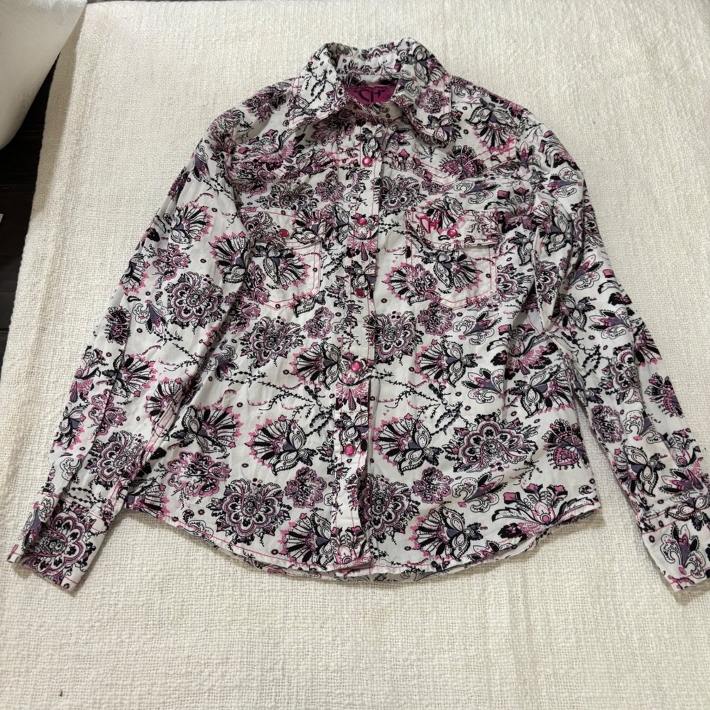Cowgirl Hardware Girls Western Snap Shirt Pink Paisley Floral Long Sleeve SM